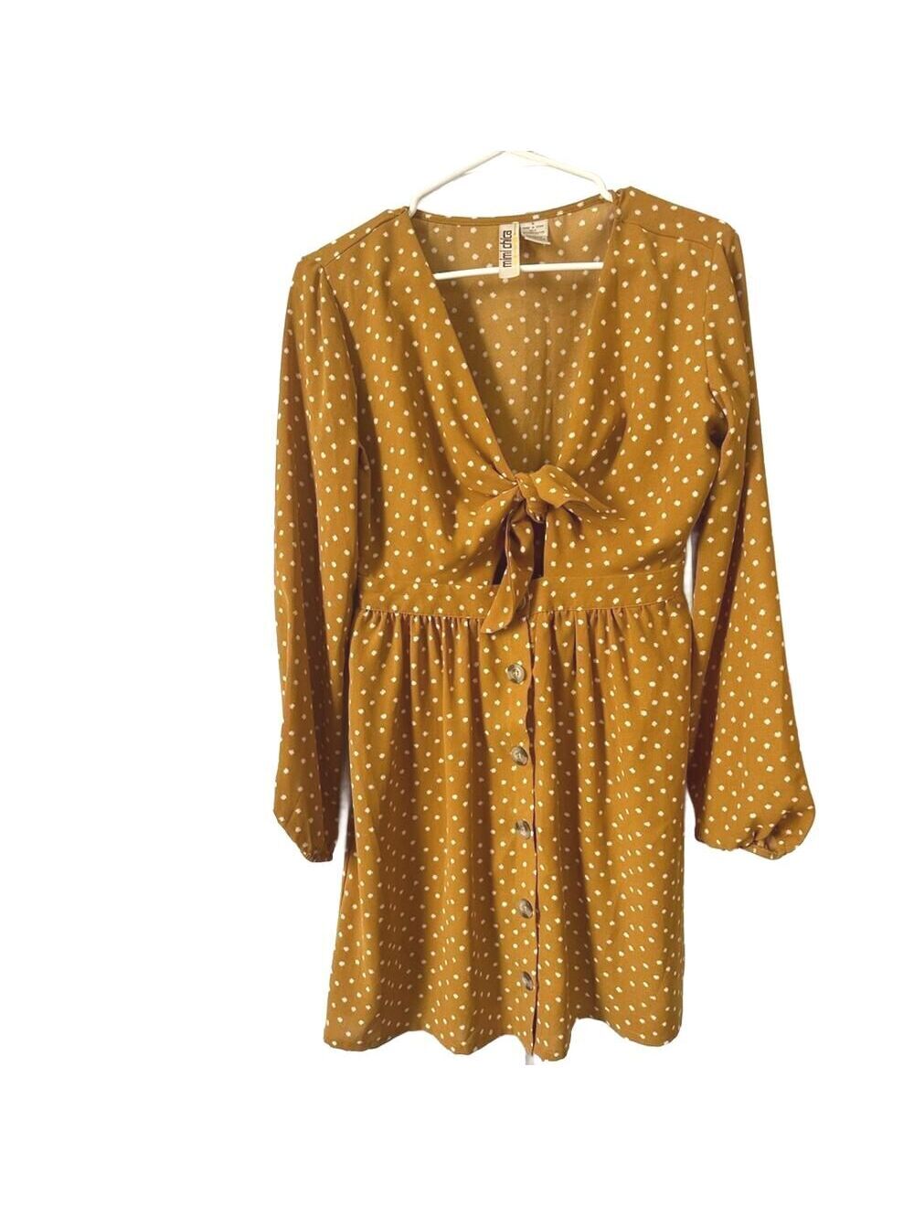 Mimi Chica Women's Gold Yellow Polka Dot Tie Front Button Mini Dress Small